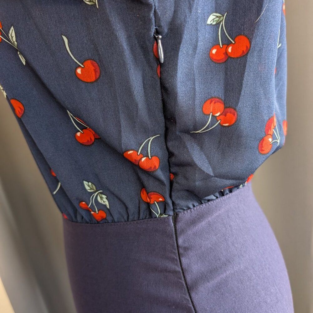 NWT Unique Vintage Navy Cherry Print Bishop Sleeve Wiggle Pencil Dress L(10/12) - Picture 5 of 13